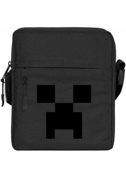 Mine-Craft Creeper Face Omuz Çantası Fermuarlı Siyah Renk