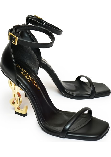 Siyah Deri Gold Topuklu Zarif Yüksek Topuklu Ayakkabı Abiye Ayakkabı