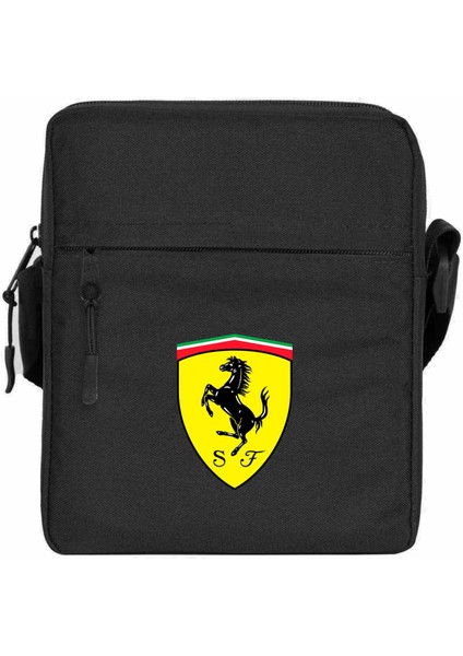 Ferari Logo Omuz Çantası Fermuarlı Siyah Renk
