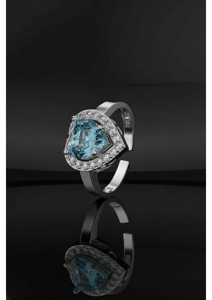 925 Ayar Akuamarin Taşlı Rodyum Pırlanta Işıltılı Kalp Ayarlanabilir Gümüş Yüzük