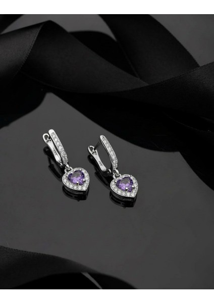 925 Ayar Ametist Taşlı Rodyum Pırlanta Işıltılı Sallantılı Kalp Gümüş Küpe