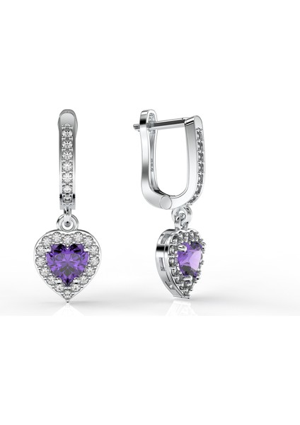 925 Ayar Ametist Taşlı Rodyum Pırlanta Işıltılı Sallantılı Kalp Gümüş Küpe modelleri