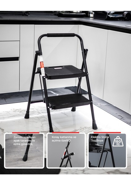51402 Stepla Geniş 2 Basamaklı Katlanır Merdiven Eurotower Siyah 2 Basamaklı modelleri