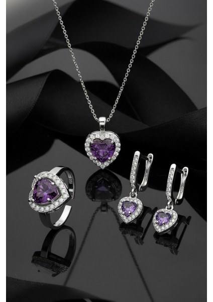 925 Ayar Ametist Taşlı Rodyum Pırlanta Işıltılı Kalp 3'lü Gümüş Set-Takım *ayarlanabilir