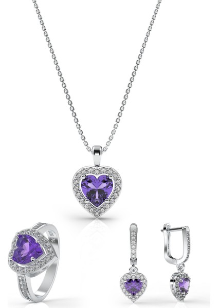 925 Ayar Ametist Taşlı Rodyum Pırlanta Işıltılı Kalp 3'lü Gümüş Set-Takım *ayarlanabilir modelleri
