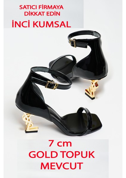 Siyah Rugan Gold Kısa Topuklu Ayakkabı Abiye Ayakkabı Kısa Topuklu 7cm Topuk