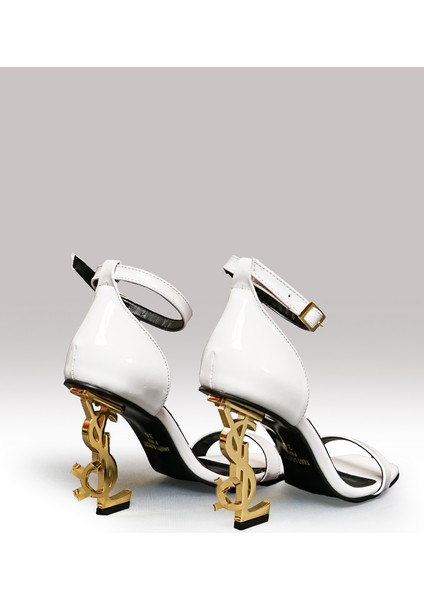 Beyaz Rugan Gold Zarif Ayakkabı Yüksek Topuklu Abiye Ayakkabı