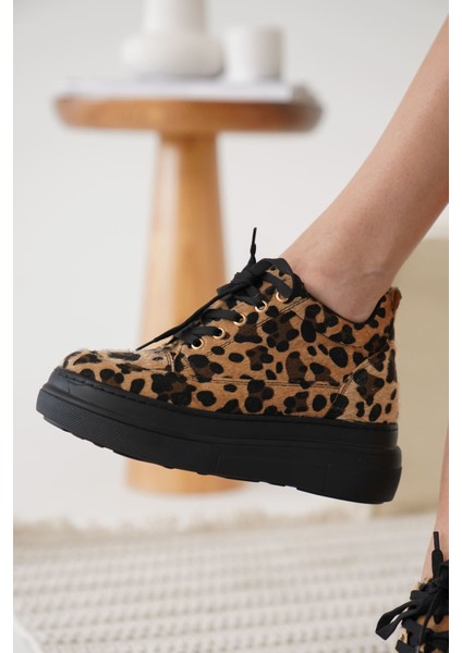 Nerual Kadın Gizli Topuk Siyah Taban Leopar Spor Ayakkabı modelleri