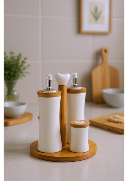 Fiago - Bambu Standlı Yağlık Sirkelik Tuzluk ve Biberlik