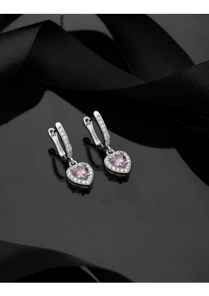 925 Ayar Pembe Taşlı Rodyum Pırlanta Işıltılı Sallantılı Kalp Gümüş Küpe