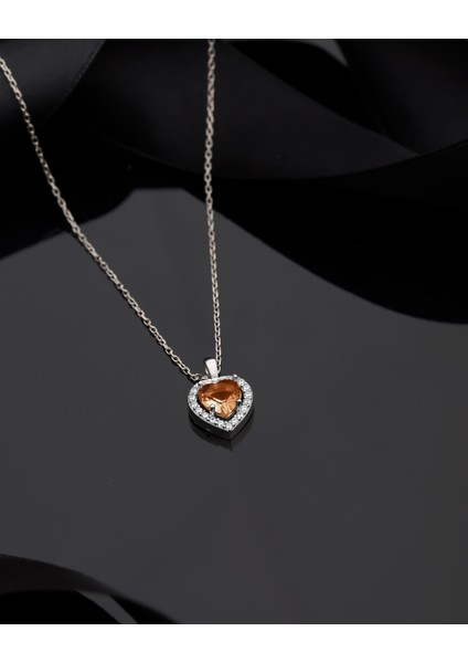 925 Ayar Sitrin Taşlı Rodyum Pırlanta Görünümlü Kalp Gümüş Kolye