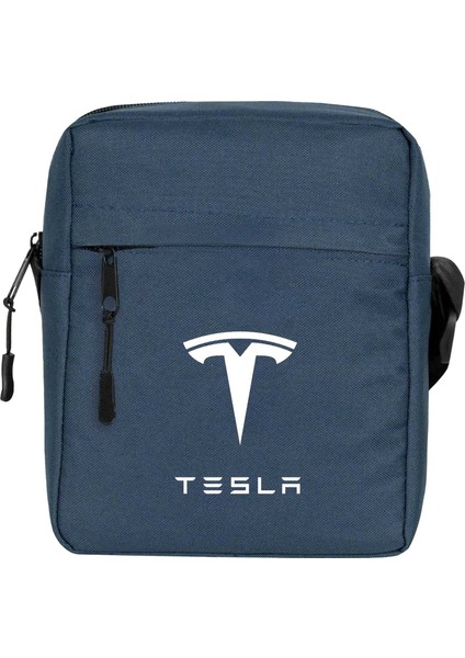 Tesla Logo Text Omuz Çantası Fermuarlı Lacivert Renk