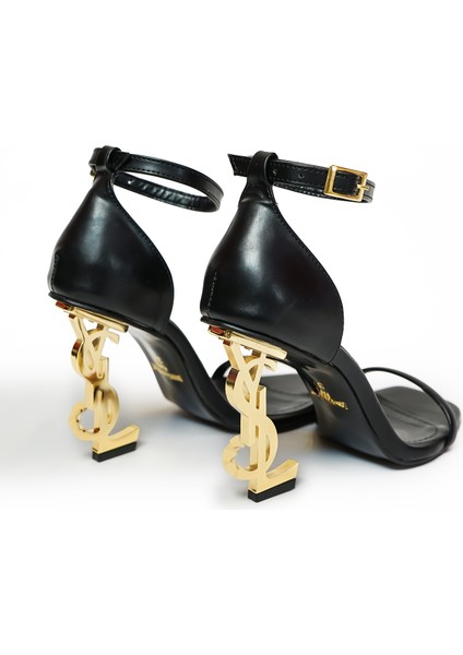 Siyah Deri Gold Topuklu Zarif Yüksek Topuklu Ayakkabı Abiye Ayakkabı modelleri