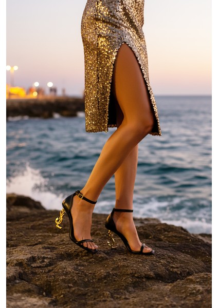 Siyah Deri Gold Topuklu Zarif Yüksek Topuklu Ayakkabı Abiye Ayakkabı indirimleri