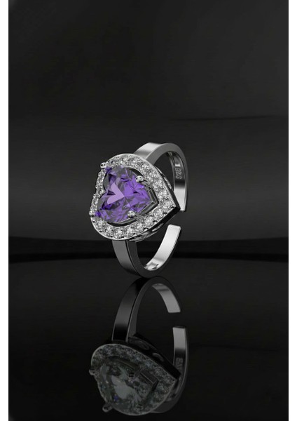 925 Ayar Ametist Taşlı Rodyum Pırlanta Işıltılı Kalp Ayarlanabilir Gümüş Yüzük