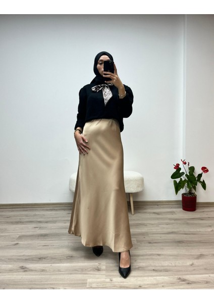 Çam Kesim Lastikli Saten Uzun Etek