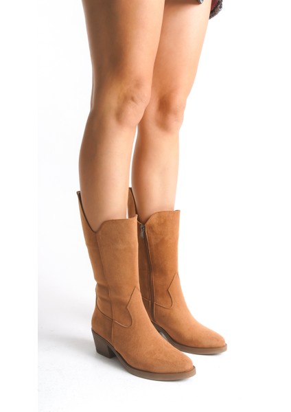 Kadın Çizme Western Kovboy Diz Altı Kaymaz Taban Kalın Topuklu Annabel