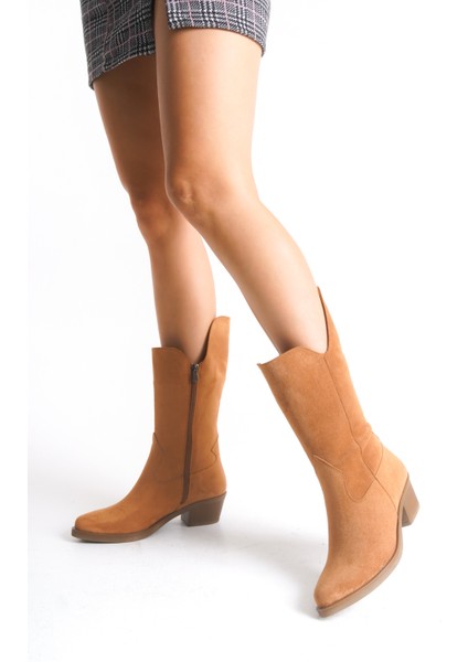 Kadın Çizme Western Kovboy Diz Altı Kaymaz Taban Kalın Topuklu Annabel