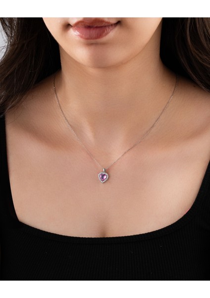925 Ayar Pembe Taşlı Rodyum Pırlanta Görünümlü Kalp Gümüş Kolye fiyatları