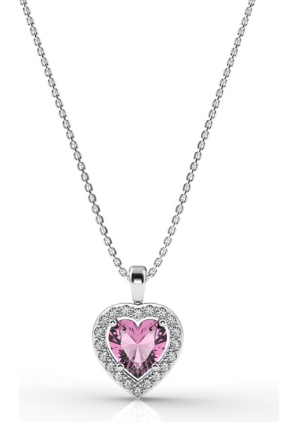 925 Ayar Pembe Taşlı Rodyum Pırlanta Görünümlü Kalp Gümüş Kolye modelleri