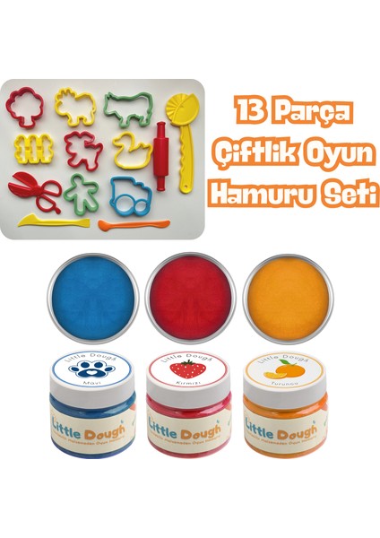 13 Parça Çiftlik Hayvanları Doğal Oyun Hamuru Seti -3X150GR Doğal Oyun Hamuru -Mavi, Kırmızı, Turuncu