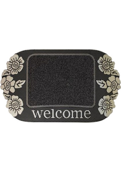 Siyah Kabartmalı Çiçekli Kapı Önü Paspası 75X45CM