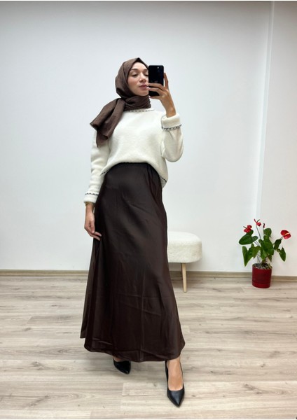 Çam Kesim Lastikli Saten Uzun Etek