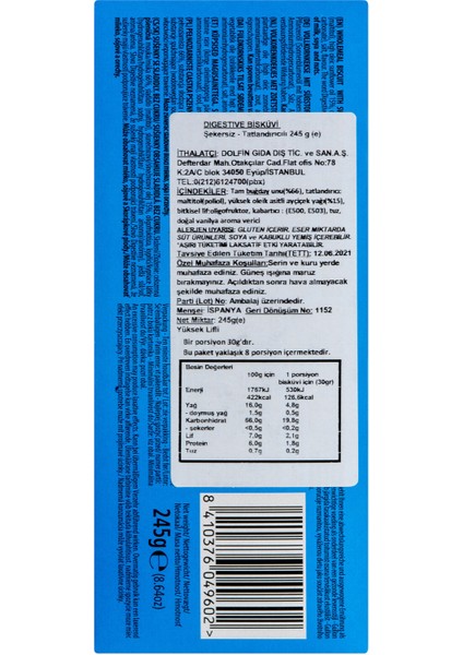 Şekersiz Digestive Tatlandırıcılı Bisküvi 245 G fiyatları
