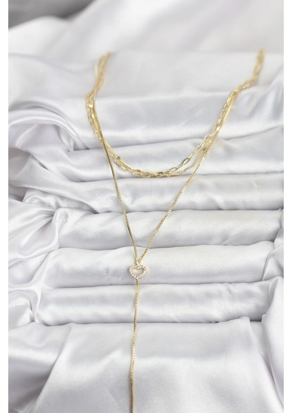 Pirinç Gold Renk Kalp Detaylı 3'lü Kombin Y Kadın Kolye fiyatları