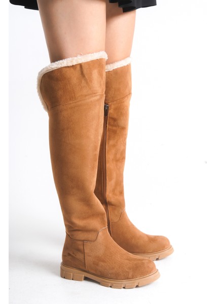 Kadın Çizme Taba Süet Binici Diz Üstü Kürklü Kaymaz Taban Fermuarlı Kety
