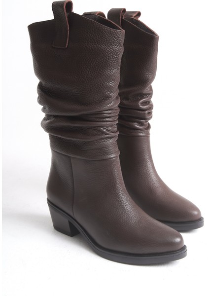 Kahverengi Deri Kadın Çizme Western Kovboy Piliseli Kaymaz Taban Kalın Topuklu Dina indirimleri