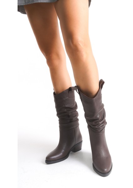 Kahverengi Deri Kadın Çizme Western Kovboy Piliseli Kaymaz Taban Kalın Topuklu Dina