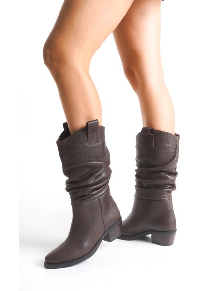 Kahverengi Deri Kadın Çizme Western Kovboy Piliseli Kaymaz Taban Kalın Topuklu Dina