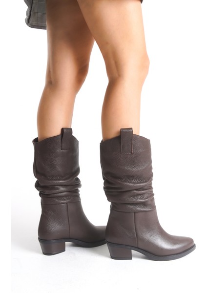 Kahverengi Deri Kadın Çizme Western Kovboy Piliseli Kaymaz Taban Kalın Topuklu Dina