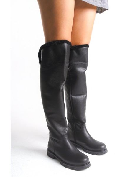 Siyah Deri Binici Diz Üstü Kürklü Kaymaz Taban Fermuarlı Kety Kadın Çizme modelleri