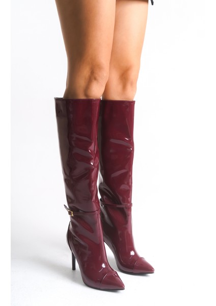 Bordo Rugan Kadın Çizme Diz Altı Tokalı Fermuarlı Ince Topuklu Rose fiyatları