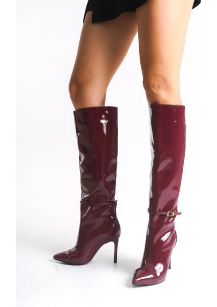 Bordo Rugan Kadın Çizme Diz Altı Tokalı Fermuarlı Ince Topuklu Rose modelleri