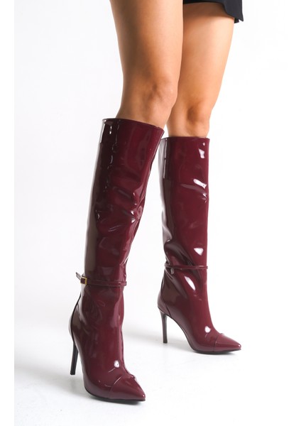 Bordo Rugan Kadın Çizme Diz Altı Tokalı Fermuarlı Ince Topuklu Rose fırsatları