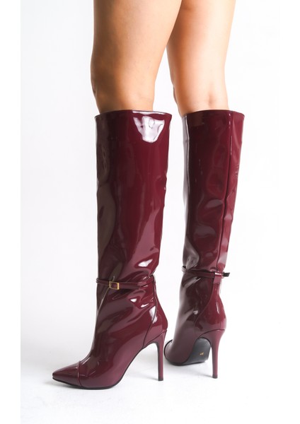 Bordo Rugan Kadın Çizme Diz Altı Tokalı Fermuarlı Ince Topuklu Rose