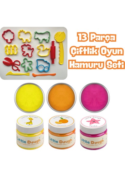 13 Parça Çiftlik Hayvanları Doğal Oyun Hamuru Seti -3X150GR Doğal Oyun Hamuru -Sarı,turuncu,pembe