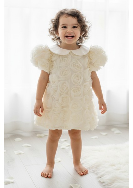 Güllü Kız Çocuk Bebek Bebe Yaka Ekru Abiye Mevlüt Elbise