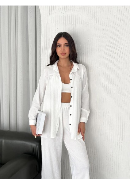 Yakalı Düğmeli Uzun Kollu Gömlek Pantolon Ikili Takım - Beyaz modelleri