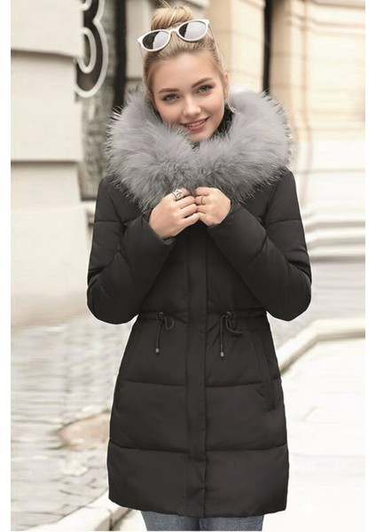 Kışlık Orta Boy Kürklü Kapüşonlu Su Geçirmez Kadın Şişme Mont