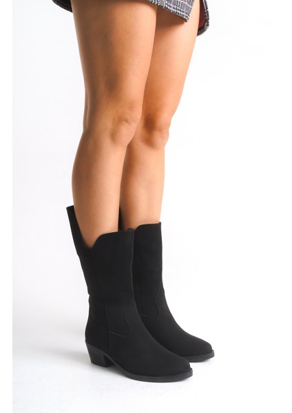 Siyah Süet Kadın Çizme Western Kovboy Diz Altı Kaymaz Taban Kalın Topuklu Annabel fiyatları