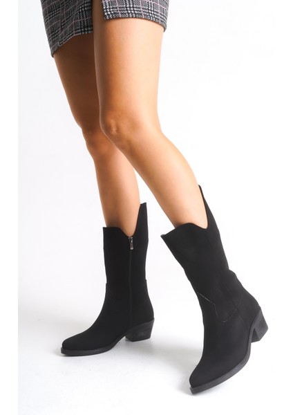 Siyah Süet Kadın Çizme Western Kovboy Diz Altı Kaymaz Taban Kalın Topuklu Annabel