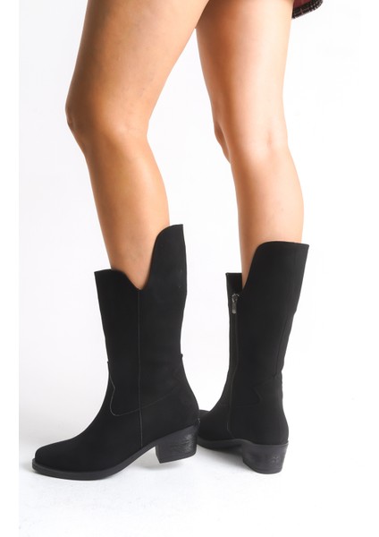 Siyah Süet Kadın Çizme Western Kovboy Diz Altı Kaymaz Taban Kalın Topuklu Annabel