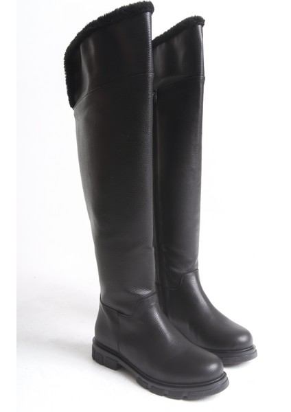 Siyah Deri Binici Diz Üstü Kürklü Kaymaz Taban Fermuarlı Kety Kadın Çizme indirimleri