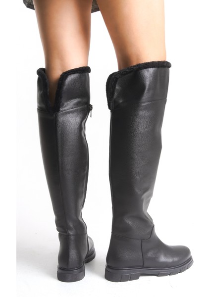 Siyah Deri Binici Diz Üstü Kürklü Kaymaz Taban Fermuarlı Kety Kadın Çizme