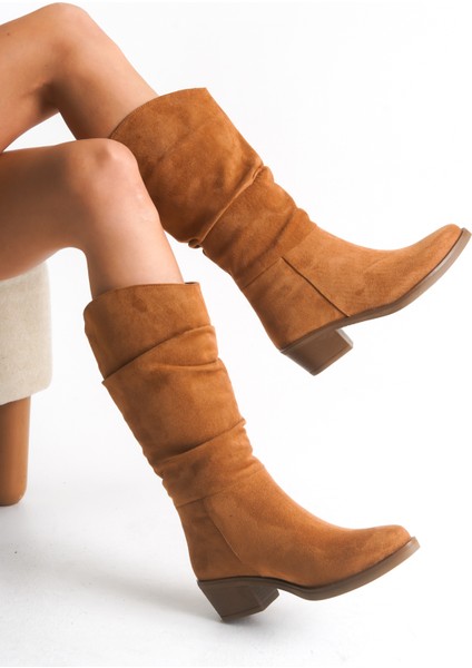 Taba Rengi Süet Kadın Çizme Western Kovboy Kaymaz Taban Kalın Topuklu Emily