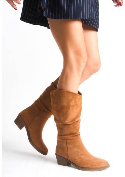 Taba Rengi Süet Kadın Çizme Western Kovboy Kaymaz Taban Kalın Topuklu Emily